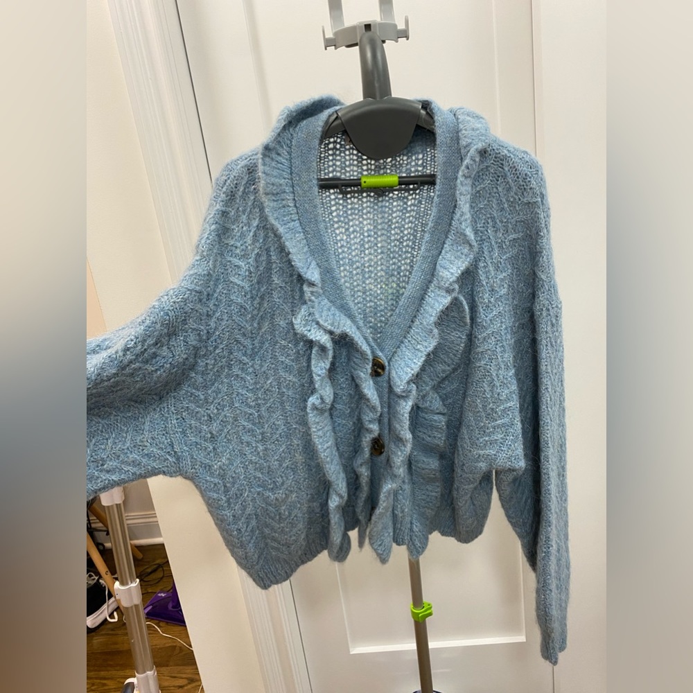 Zara Blue Ruffle Oversized Cardigan